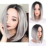 ATAYOU® Kurze Gerade Grau Ombre Schwarze Wurzeln Bob Perücken für Frauen Täglichen Gebrauch und Kostü