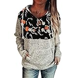 VESNIBA Colorblock Kapuzenpullover für Damen, mit Halloween-Aufdruck, langärmelig, Pullover, lockeres Oberteil, lässiger Knopfausschnitt, Kordelzug, Bluse mit Tasche XXL A13_beig