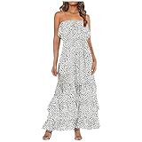YANGQI Damen Rüschen Bandeau Kleider Marmor Textur Druck Boho Bodenkleid Schulterfrei Ärmellos Chiffon Maxikleid Mit Schlitz Sommerkleid Strandkleid High Waist Faltenkleid Kuchenk