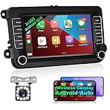 Podofo 2 Din Android 10 Autoradio mit Carplay Wireless/Android Auto für VW/Golf/Seat/Skoda, 7 Zoll Touchscreen Autoradio mit GPS Navigation/WiFi/Bluetooth/RDS/FM Radio + Rückfahrk