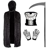 Sensenmann Kostüm 4-teiliges Set - 140 cm langer schwarzer Samt Kapuzenumhang, Totenkopf-Gesichtsmaske, Skelett-Handhandschuhe und Sense Requisiten - Fasching, Halloween-Kostüme für Damen und H