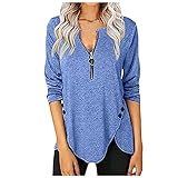 Eaylis Damen Langarm Tunika Hemden Rundhals Reißverschluss Knopf Seitenblusen Oberteile, Langarmshirt trachtenshirt extra lang Petrol Coole T-Shirt für mädchen Sweatshirt Oberteile Bluse Top