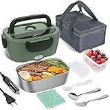 DINERO Elektrische Lunchbox für Auto, LKW und Büro, 3 in 1(12V/24V/220V) 1,5L 55W Speisenwärmer Edelstahl Warmhaltebox Tragbare, mit Edelstahl Gabel, Löffel und Entnehmbare D