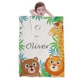 Mositoni Babydecke aus Fleece, personalisierbar, mit Namen und Cartoon-Wald, Tiere, Giraffe, Löwe, super weich, Geschenkidee für Neugeborene, Kinderzimmer, Junge oder Mädchen (A: Stil 1, 150 x 200 cm)