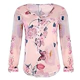 YinGTral Damen lässig Blumendruck Button T-Shirt Chiffon unregelmäßige Saum Top B