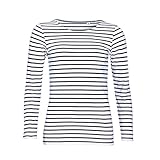 Sols Damen Marine T-Shirt, gestreift, langärmlig (XL) (Weiß/Marineblau)