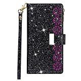 Homikon PU Leder Hülle Glänzend Glitzer Strass Schutzhülle Brieftasche Lederhülle Wallet Bookstyle Handyhülle Kartensteckplatz Flip Case Cover Kompatibel mit Samsung Galaxy J7 2017 - Schw