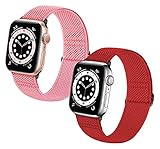 Flyuzi Für Apple Watch Armbänder 38-40mm 42-44mm Weiches, dehnbares, verstellbares Gummiband für iWatch 2/3/4/5/6/7/Se Serie Nylon geflochten 2 Stück (Color : China Red+Pink, Size : 42/44mm)