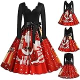 Briskorry Damen Weihnachten Kleider 3D Druck Weihnachtsmotiv Swing Kleid Langarm A-Linie Weihnachtskleid Ugly Christmas Knielang Midi Abend Party Kleid D