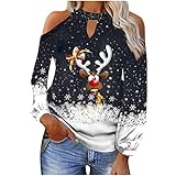 Masrin Weihnachts Oberteile Damen Sexy Schulterfreies T Shirt Modischer Pullover mit Elch Print Christmas Hängender Hals Langarm Pulli Pailletten Patchwork Tops Herbst Langarmshirt Baggy Tunika B