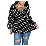 Wave166 Damen Polka Dot Print Plus Size T-Shirt Top Langarm V-Ausschnitt Lace Oberteile Elegant Frühherbst Mode Loose Fit Hemd Shirts Elastisch Ä