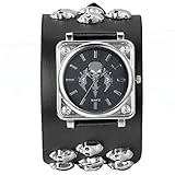 JewelryWe Herren Armbanduhr, Analog Quarz, Punk Rock Biker Totenkopf Sport Uhr mit Breit Leder Armband & Gross Quadrat Zifferblatt, Schwarz Silb