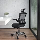Flash Furniture Bürostuhl mit hoher Rückenlehne – Ergonomischer Schreibtischstuhl mit hochklappbaren Armlehnen und verstellbarer Kopfstütze – Perfekt für Home Office oder Büro – Schw