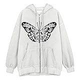 RMBLYfeiye Damen Casual Hoodie Schmetterling Drucken Jacke Langarm Reißverschluss Streetwear Loose Fit Y2k Übergroße Printed Sweatshirt Übergroßer Kap