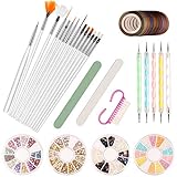 Nail Art Set, AIDUCHO Nageldisigns Kit mit 15 Nail Art Pinseln, 5 Punktierung Kugelschreiber, 10 Zierstreifen Striping Tape, 3D Gold und Silber Nagelschmuck, Nagelfeile & Griff-Nagelbü