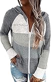 Uusollecy Damen Strickjacke Pullover Langarm Hoodies Strickpullover Casual Gestreift Kapuzenpullover Sweatshirt mit Reiß