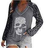 Masrin Damen Sommer Tops Lässiges T-Shirt mit Totenkopf-Strass-Motiv V-Ausschnitt Kurzarm Loser Pullover Plus Size Baggy Tunika-B
