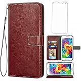 Asuwish Kompatibel mit Samsung Galaxy S5 Wallet Case Gehärtetem Glas Displayschutzfolie und Leder Flip Cover Kartenhalter Ständer Handyhülle für Glaxay S 5 Neo Gaxaly 5S Galaxies GS5 G900A G900T B