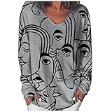 Meilily Langarmshirt Damen Abstrakt Drucken Sweatshirts Pullover Herbst Winter Shirt V-Ausschnitt Pullis Mode Drucken Vintage Streetwear Oversized Sweatshirt Tops Sportbekleidung