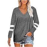 Langarmshirt Für Damen V-Ausschnitt Oberteil Frühling Lose Streifendruck Tuniken Shirt Leicht Freizeit Tshirt Oversize Mode Einfarbig Lang Blusentop Pullover(Grau,XXL)