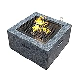 ROM Feuerstelle mit Grillablage,für Gartenterrasse im Freien,Feuerschale aus Stahl mit Einer Einfassung aus Kunststein mit wasserdichter Abdeckung 70 * 70 * 41,5