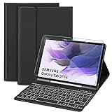 Sross-TEC Tastatur Hülle Kompatibel mit Samsung Galaxy Tab S7 FE & Tab S7+/Tab S7 Plus, QWERTZ Kabellose Beleuchtete Bluetooth Samsung Galaxy Tab S7 FE 12.4 Zoll 2021 Tastatur mit Panzerglas,Schw