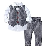 FEESHOW Jungen Anzüge Gentleman Smoking Anzug Fliege Hemd Anzugsweste Hose 3tlg Schicker Kleinkind Babykleidung Taufe Geburtstagsparty Bekleidungsset Grau 86-92