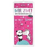 Die Geschenkewelt 45524 Partner-Kalender 2019, Einhorn Panda Design, Wand-Kalender mit 3 Spalten, Kalender 2019 mit 12 Monatsseiten, Kalender für F