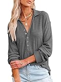 Beautmell Damen Reverskragen V-Ausschnitt Pullover Übergröße Langarm Blusen mit Nähen Knöpfe Pullover Umlegekragen Shirts, grau, X-Larg