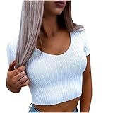 Crop T-Shirt Damen Strick Top Kurzarm Sportshirt Sport Oberteil Bauchfrei Sommer Laufshirt Funktionsshirt Atmungsaktiv Leicht Yoga Fitness Shirts Schnelle Trockene Sporttop(Weiß,S)