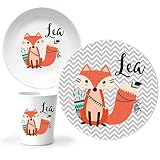 JUNALOO 3-teiliges Kindergeschirr Set mit Namen Taufgeschenk Personalisiert aus Melamin - Waldtiere Kinderteller Fuchs Teller Geschenk zur Geb