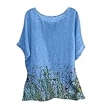 Leinen Kleidung Tunika Damen Longshirt, Rundhals Kurzarm Oberteile Shirt, Lockere Blusen Casual Lose Vintage Blumen Bestickt T-Shirt, Mode Baumwolle Leinen Atmungsaktiv Lässig Elegant S