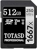 TOTASD 1667X 512GB SDXC Uhs-II/U3 Speicherkarte V60 8K UHD Lesegeschwindigkeit bis zu 250MB/s für professionelle Vlogger, Filmemacher, Fotografen und Content Curators (512GB-U)