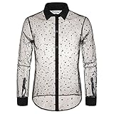 DUNQI Herren Blumen Hemd Langarm Kent-kragen Spitze Transparent Disco-shirt Hippie Disco Hemd 70er 80er Jahre Kostüm Clubwear Unterwäsche Nachtwäsche für Party Halloween Cosplay Nachtclub Disco T