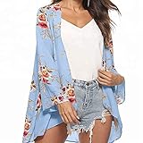 KUMADAI Kimono Damen Blumen Drucken Retro Irregulär Cardigan Locker Leicht Kurz Strandbluse Beiläufig Mode Sommerkleid,Blau,S