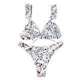 Ronamick Bademode Damen Sexy Push Up Bikini Set Zweiteiler Triangel Badeanzug Rüschen Krawatte High Cut Schwimmanzug Dreieck Cup Swimsuit Elegante Blumendruck Beachwear Modisch S