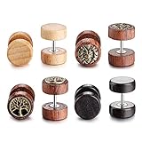 PiercingJ Sono Holz Ohrstecker Set 4 Paare 1.2mm Fake Tunnel Plug Cheater Illusion Tunnel Barbell Stud Ohrring Baum des Lebens + Bronze Löwenkopf + Ebenholz + Buchenholz Unisex Punk Gauge 00G Look