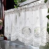 YUDIZWS 2PCS Weiß Cáfe Vorhang, Küchengardine Scheibengardinen Landhaus Jacquard Bistrogardine Besticke Blumen Dekogardine Baumwolle Kurzgardine,Weiß,W150cm×H40