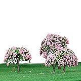 GoolRC 4 Stück Kunststoff Modell Bäume Zug Layout Garten Landschaft Weiß und rosa Blumen Bäume Diorama Miniatur Rosa (Typ1)