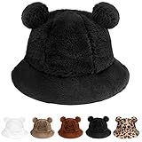 Gebell Damen Winter Bucket Hat - Kunstpelz Flauschige Fischerhut Frauen Winter Warm Eimer Hüte Plüsch Fischerhut Bärenohren Fluffy Bucket H