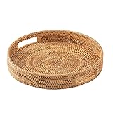 POHOVE Handgeflochtenes rundes Rattan-Serviertablett mit Griffen, Kreis Rattan-Weidengeflecht, dekorative Tabletts rund Rattan Ottomane Teetablett für Frühstück, Getränke, Snack, B