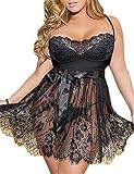 ohyeahlady Damen Kleider Babydoll Lingerie Mesh Spitzen Nachtwäsche Dessous Set Sleepwear Dress Reizwäsche Negligee mit G-String Große Größ