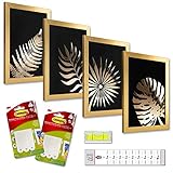 ArtHomeDesign Goldene Wandbilder Tropische Blätter 4er-Set, Selbstmontage in 10 Minuten, Keine zusätzlichen Werkzeuge erforderlich, 4 SKT 3M-Command-Klettverschlussbänder, Beschädigt die Wand N