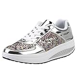 Damen Sneaker Glitzer Pailletten Lack Elegant Schnürung Schuhe Frauen Dicker Sportschuhe（Silber，39）