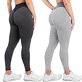 SHUOYUE Damen Leggings Push Up Hohe Taille Anti Cellulite Fitnesshose 2 Stück Frauen Sportleggins Booty Damen Honeycomb Leggins Hintern Heben für Sport Yoga Fitness (Schwarz+Grau, L)