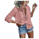 SCBFDI Damen Sexy Mid-Sleeve Shirt Spitzenblusen Geknöpftes Top mit V-Ausschnitt einfarbige Loungew