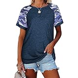 Masrin Damen Tops Sommer Kurzarm T-Shirt Lässige Kontrastfarbe Patchwork Shirts 3D Camouflage Print Pullover O-Ausschnitt Lose Tunika Basic All-Match Bluse (L,Dunkelblau)