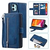 UEEBAI Hülle für iPhone 12 Mini 5.4 Zoll, Vintage Reißverschluss Handyhülle PU Leder Handytasche Bumper mit 9 Kartenfächer Standfunktion Geldbörse Trageband Schutzhülle Flip Wallet Case - B