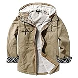 Herren Gefütterte Jeansjacke - Kapuzen-Tooling Winter Sherpa Western Cowboy Mantel, Multi-Pocket Fleece Verdicken Trucker Jeans Outwear, Button Down Langarm Übergröße,Khaki,XL