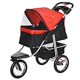 Pawhut Hundewagen Hundebuggy Katzenbuggy Pet Stroller mit 3 Rädern klappbar Hunde Katze Oxford Rot+Schwarz 109,5 x 54,5 x 106,5